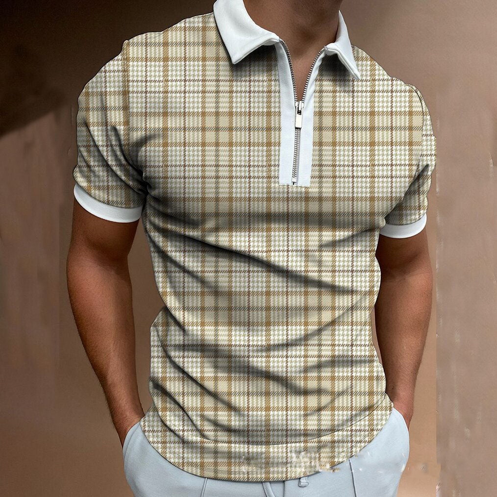 Men's multi-color check zip-collar polo shirt