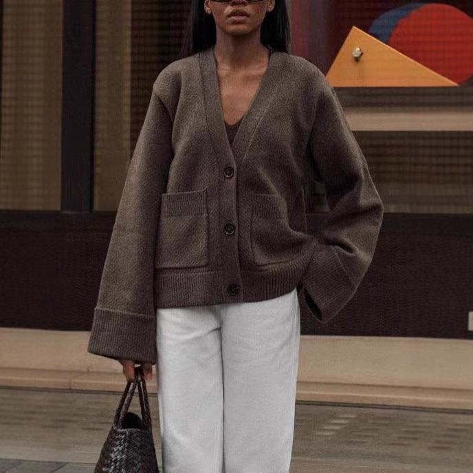 Brown women's loose cardigan coat with V-neck, button front, and two patch pockets