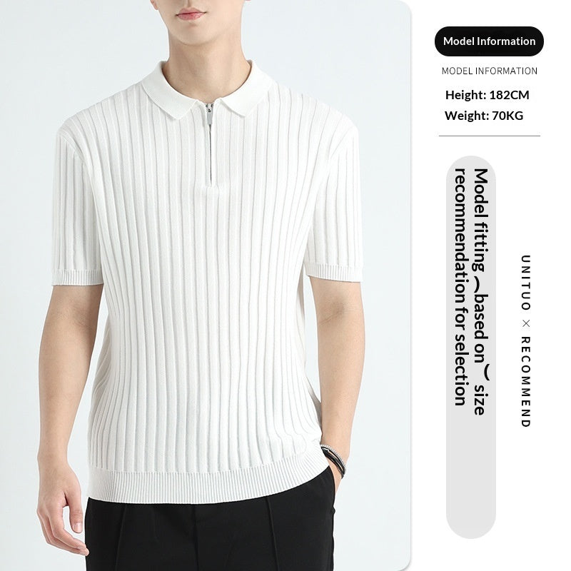 Ice silk T-shirt, white ribbed knit polo with short sleeves and zip collar