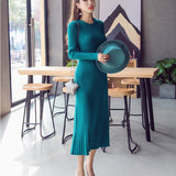 Round Neck Knitted Long Sleeve A- Line Dress Winter Warm Skirt - WOMONA.COM