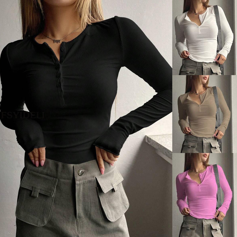 Women's Long Sleeve Breasted V-neck Slim-fit Crop-top - WOMONA.COM