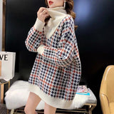 Women Fake Two High Neck Sweaters Houndstooth - WOMONA.COM