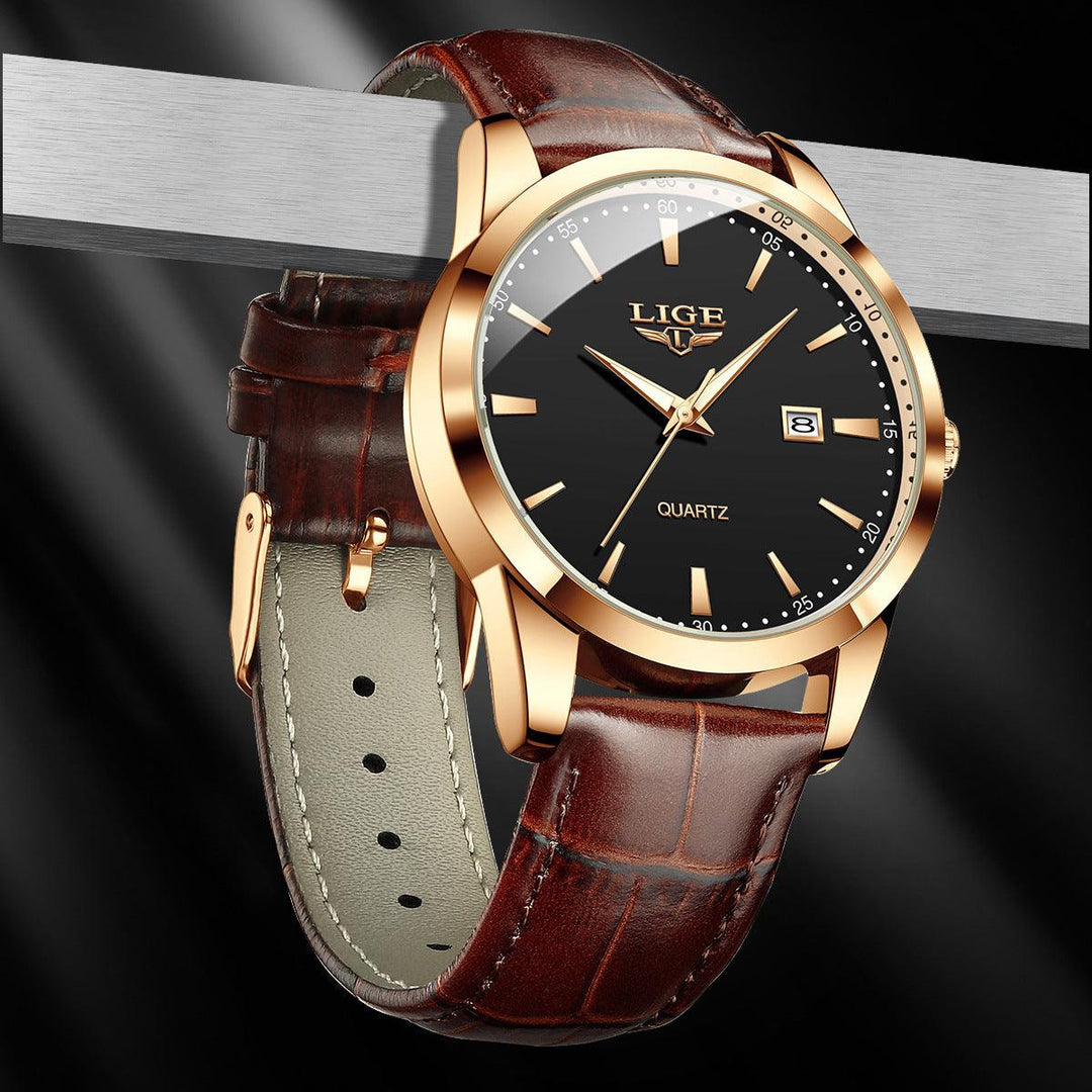 LIGE waterproof leather strap quartz watch with gold case, black dial, brown strap