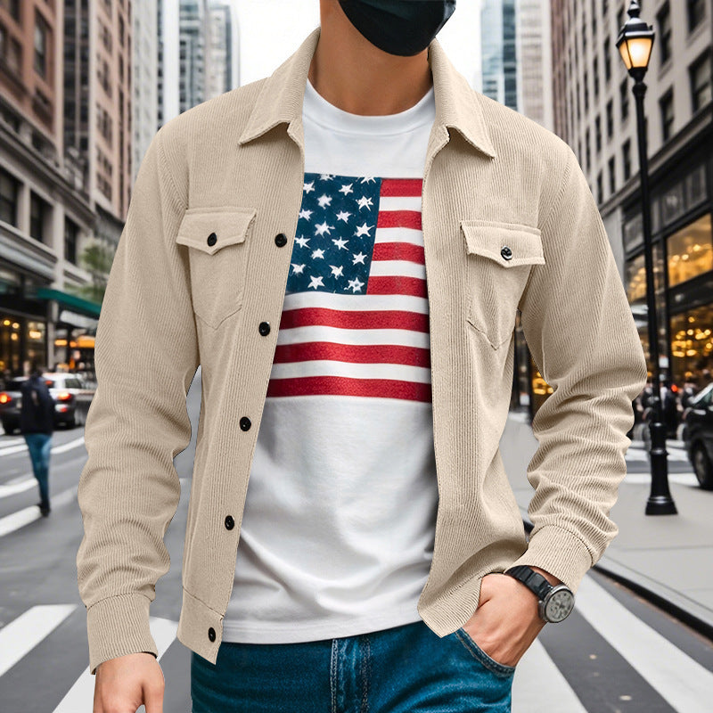 Men's beige stand-up collar jacket, button front, two flap chest pockets, long sleeves.