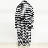 Black And White Diamond Grid Belt Long Trench Coat - WOMONA.COM