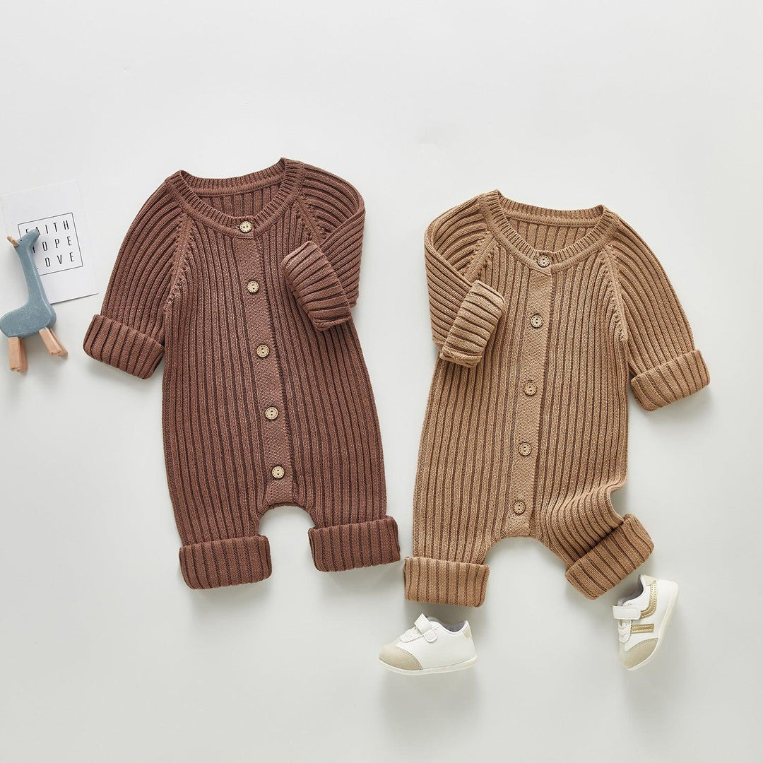 Baby knit jumpsuit romper in dark brown, long sleeves, ribbed knit, button front.
