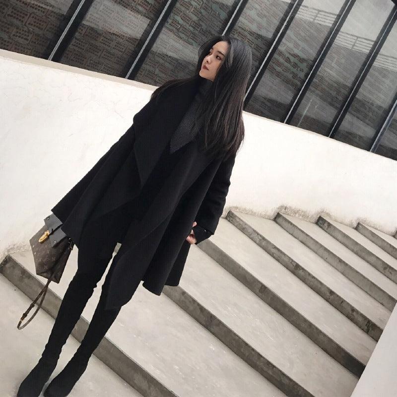 Black Medium Long Irregular Loose Cloak Woolen Coat - WOMONA.COM