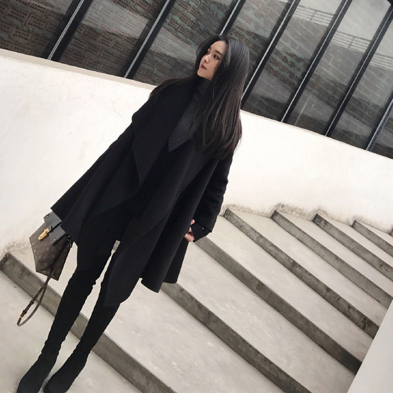 Black Medium Long Irregular Loose Cloak Woolen Coat - WOMONA.COM