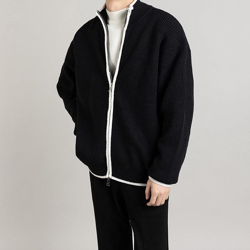 Men's black knit cardigan sweater with full-zip front and white piping