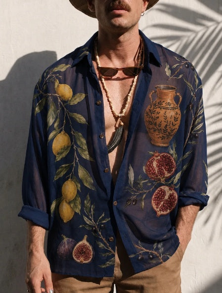 Sheer oversized navy shirt with lemon and pomegranate botanical print, button-front