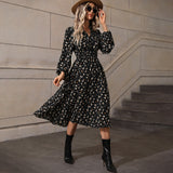 Sweet Elegant Small V-neck Long Sleeve Polka-dot Long Dress - WOMONA.COM