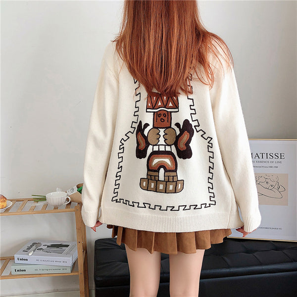 Cartoon Embroidered Loose Knit Cardigan Jacket - WOMONA.COM