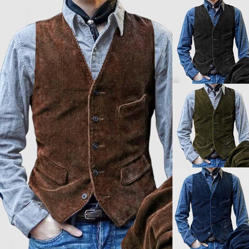 Brown corduroy men’s vest with button front, two chest pockets, and side waist pockets