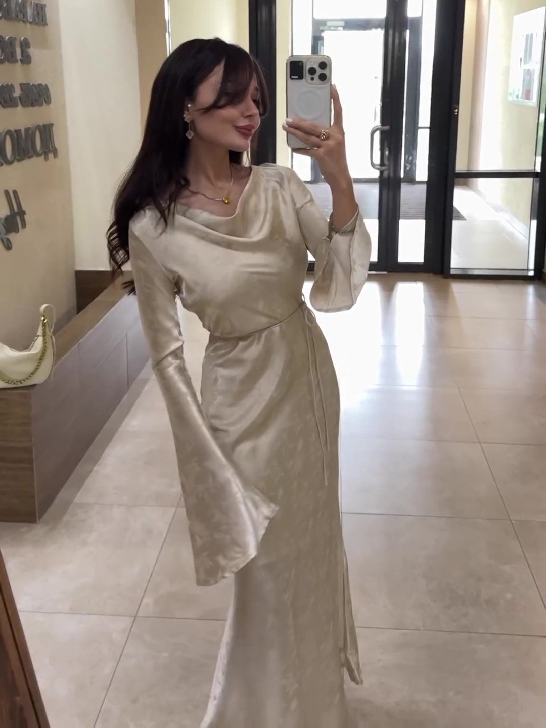 Champagne Jacquard Long-Sleeve Maxi Dress – product image 1