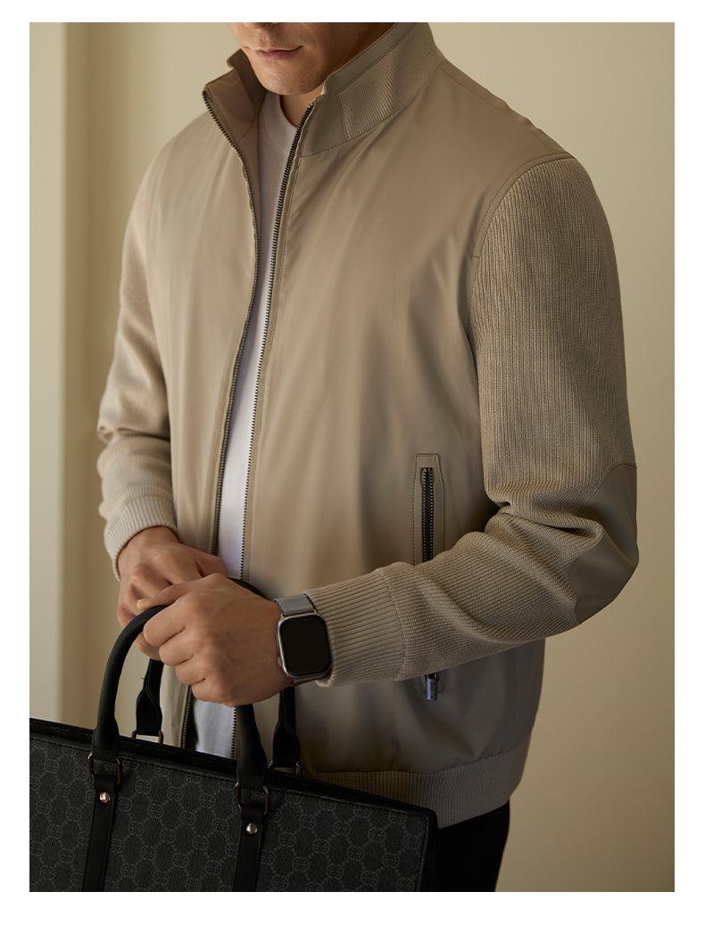Beige stand-collar quilted jacket with zip pockets and ribbed knit cuff details