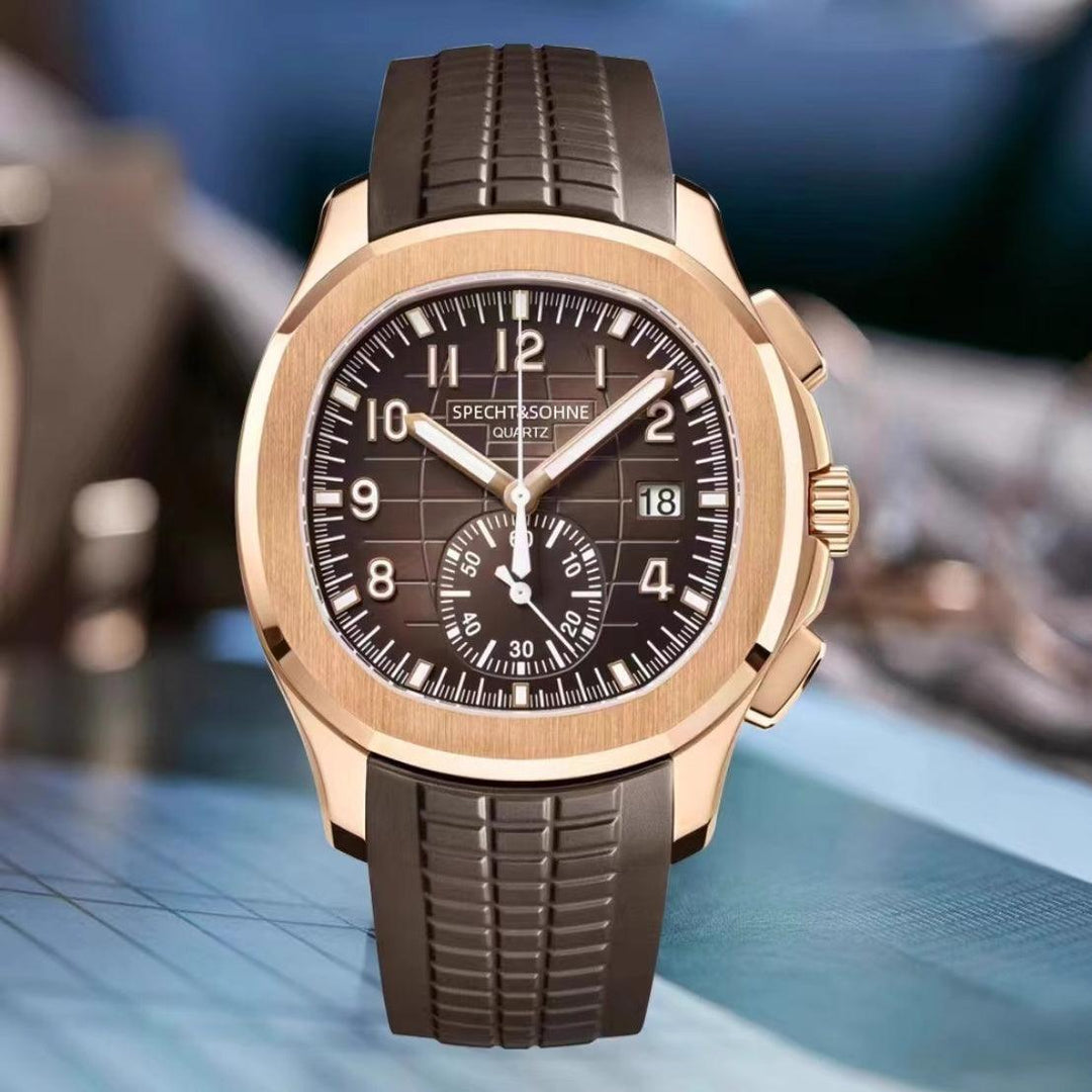 Rose-gold analog quartz sports watch with dark brown dial and brown silicone strap