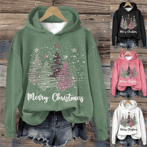 Round Neck Hooded Long Sleeve Four Christmas Trees Loose Sweater - WOMONA.COM