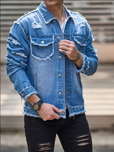 Men's Blue Distressed Denim Trucker Jacket - product view 1