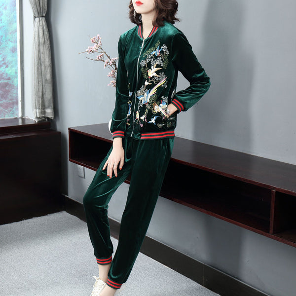 Ladies Aviary Embroidered Leisure Velvet Suit - WOMONA.COM