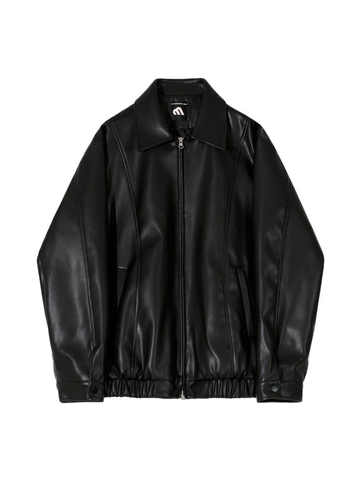 Cropped Leather Coat Male Polo Collar Top - WOMONA.COM