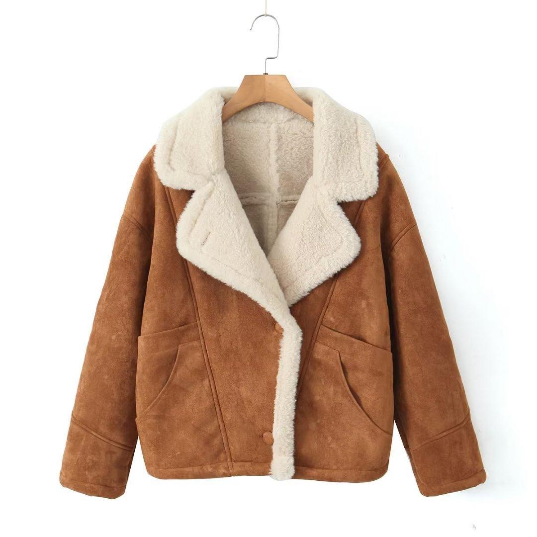 Caramel brown suede-style coat with cream sherpa collar, trim, and front pockets.