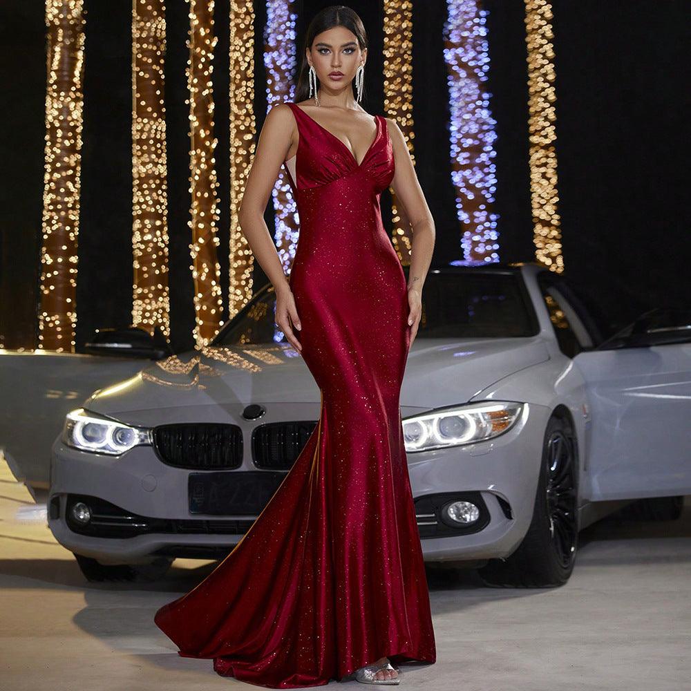 Deep V Strap Slim-fit Sheath Banquet Fishtail Evening Dress - WOMONA.COM