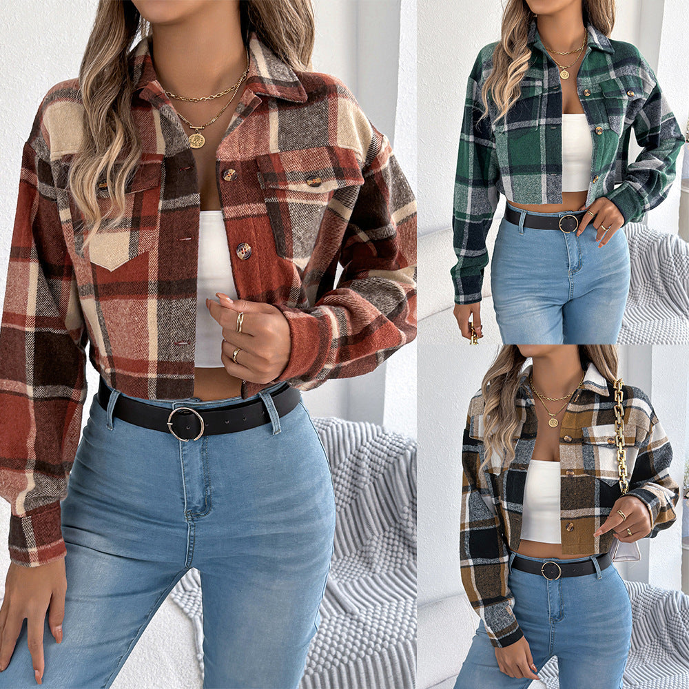 Women's Colorblock Plaid Short Wool-Blend Jacket