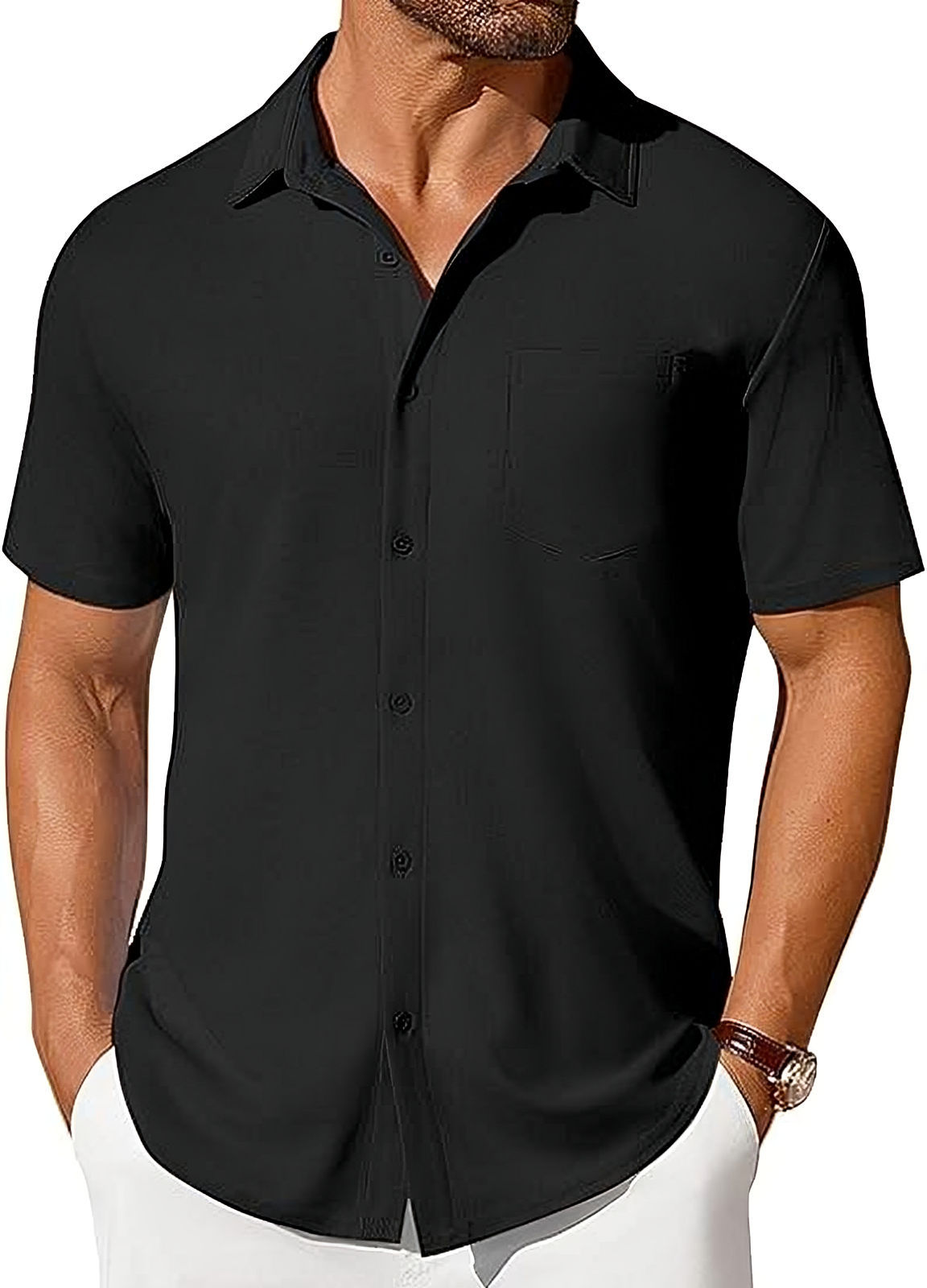 Black short-sleeve button-up shirt with pointed collar, button front, chest pocket