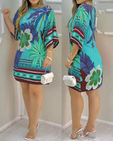 Women's Round-neck Tropical Printing Half-sleeved Casual Dress - WOMONA.COM