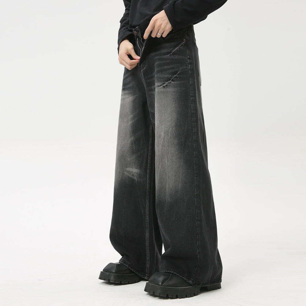 Men's black-gray washed workwear straight-leg jeans