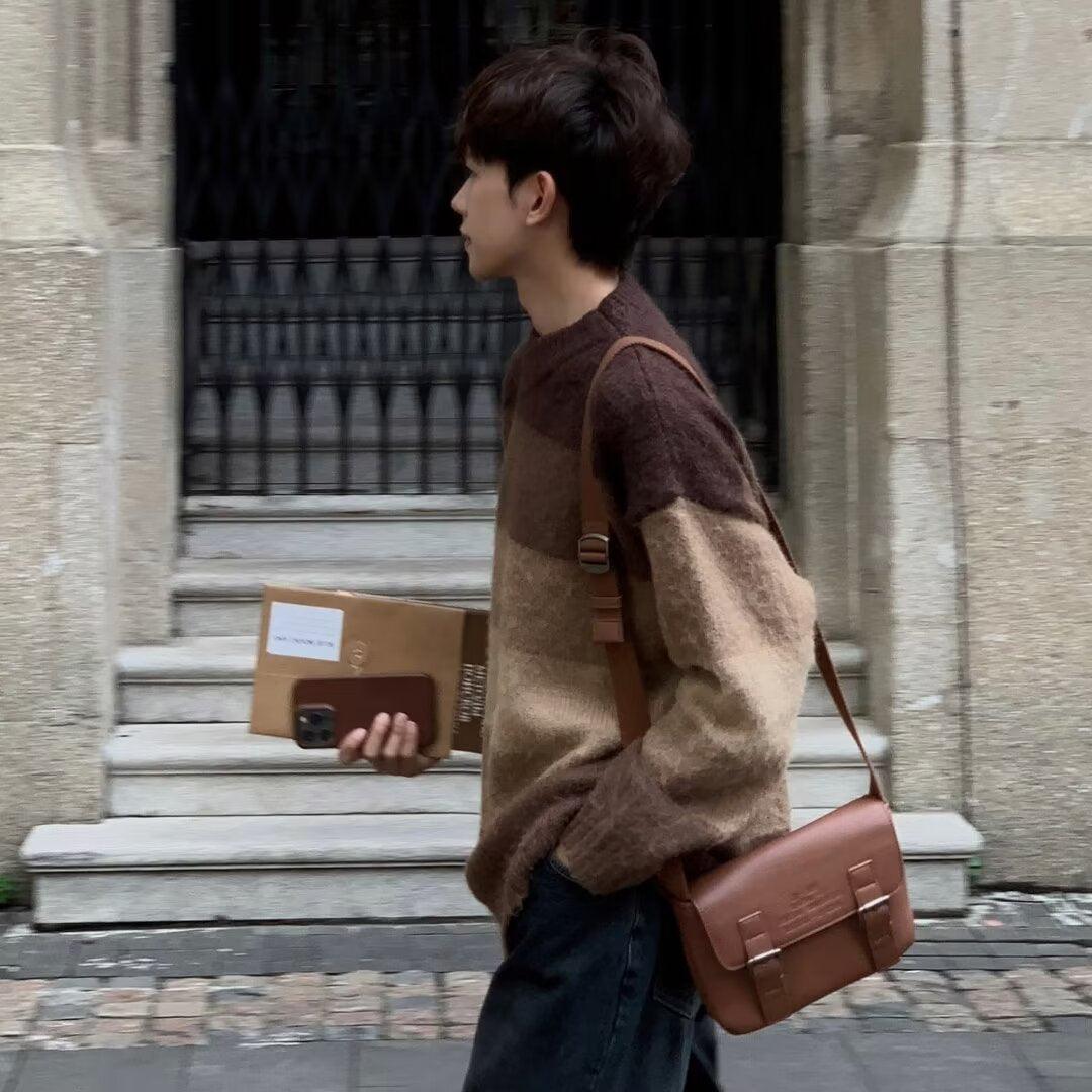 Men's Idle Style Vintage Brown Striped Loose Sweater - WOMONA.COM