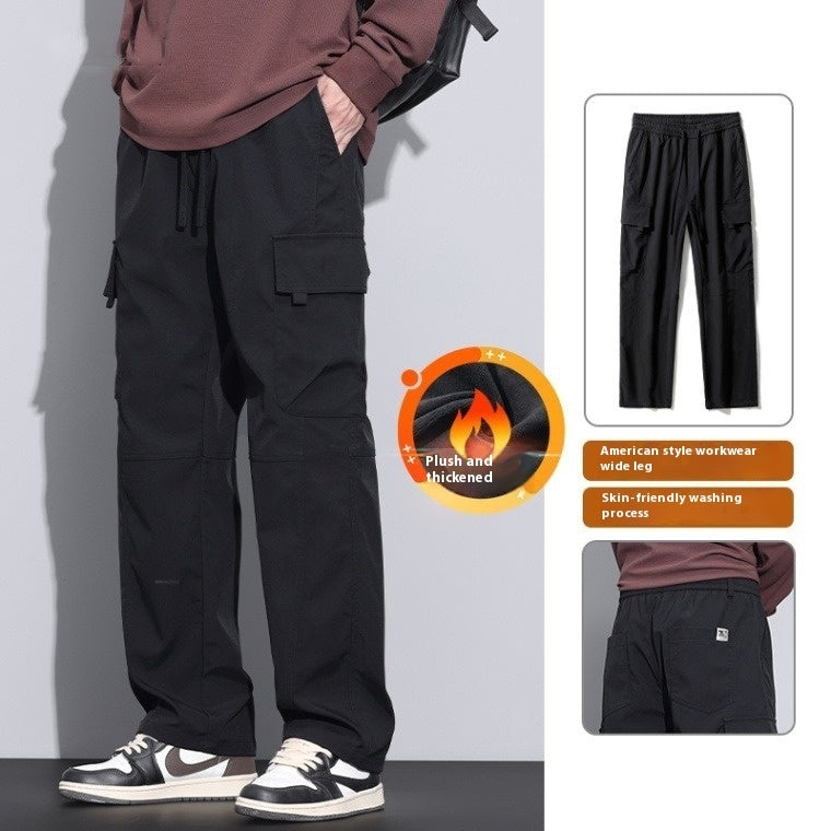 Men's cargo trousers in black, front flap pockets and drawstring ankle cuffs