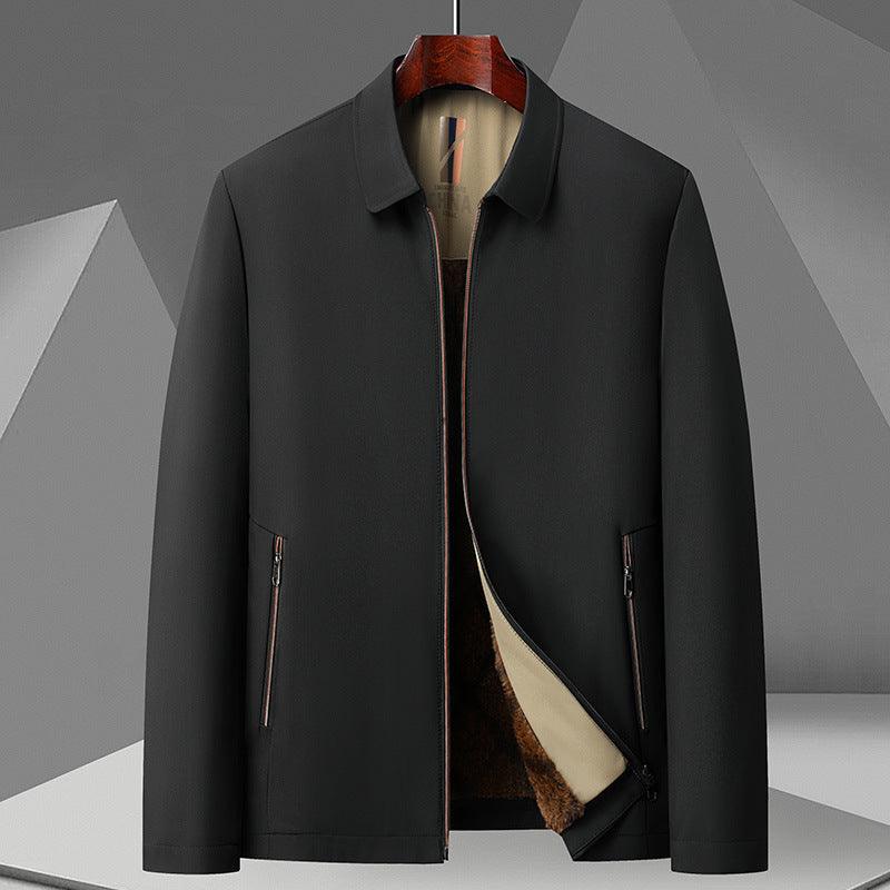 Black men’s fleece padded jacket with front zipper and stand collar, side zip pockets