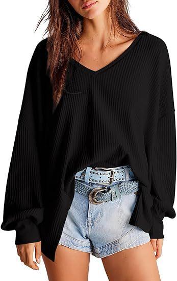 Women's Waffle Knit Blouse Lantern Sleeve Casual Shirt - WOMONA.COM