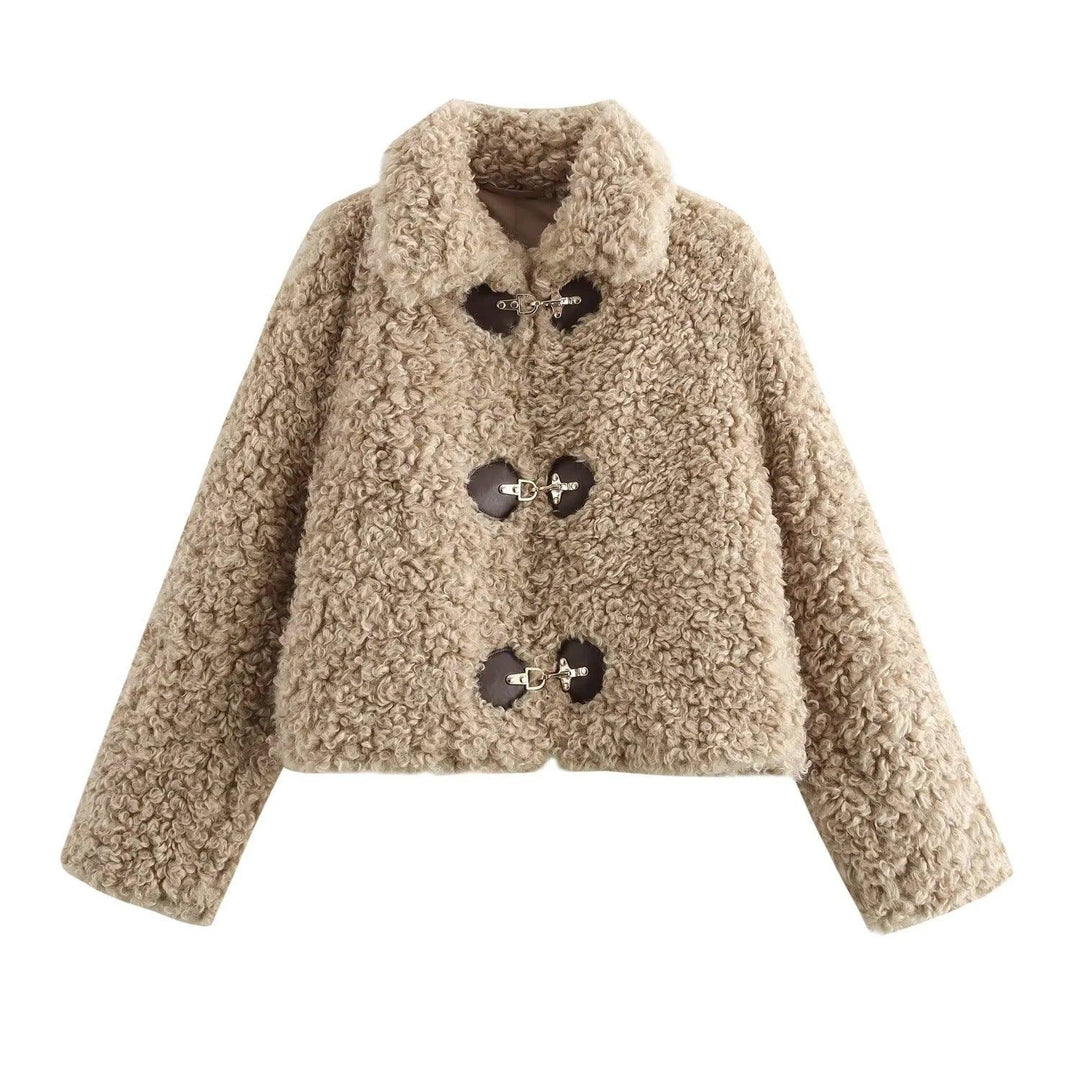 Dark khaki fleece jacket with stand collar and toggle closures, long sleeves