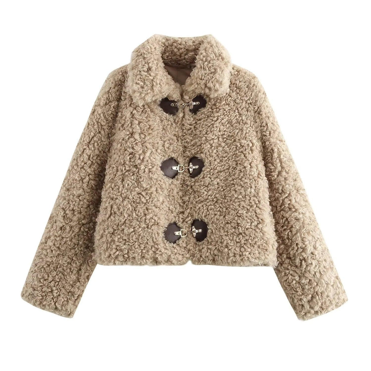 Dark khaki fleece jacket with stand collar and toggle closures, long sleeves