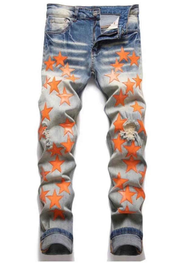 Punk Retro Blue Ripped Slim Elastic Printing Printing And Dyeing Feet Men's Jeans