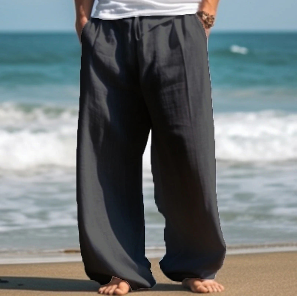 Dark gray straight-leg casual pants with elastic waistband and side pockets
