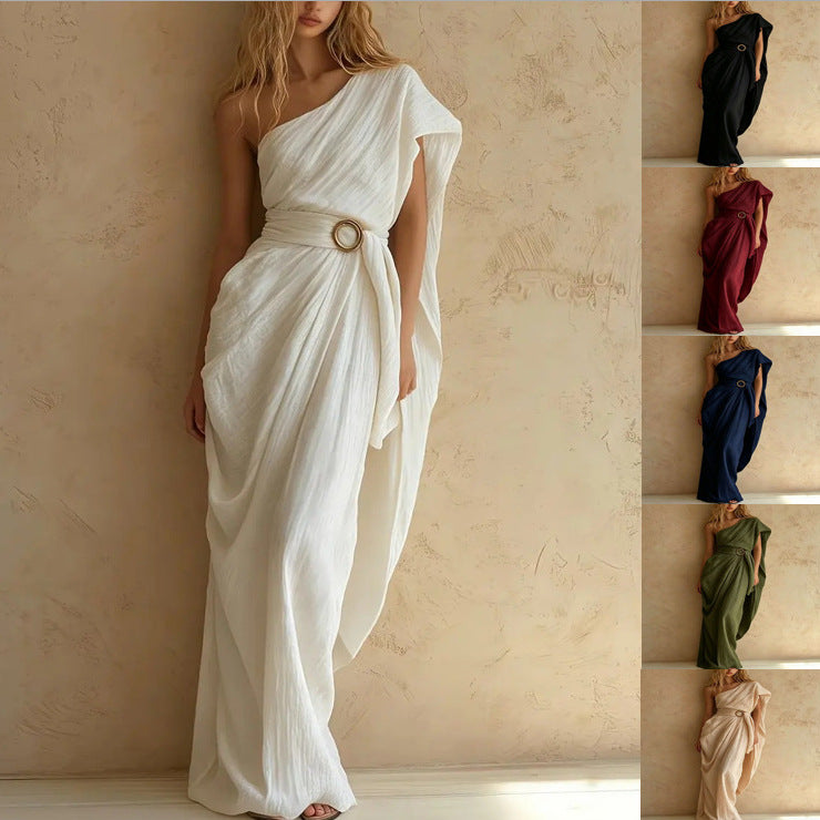 White one-shoulder cotton-linen dress with draped waist and asymmetrical hem