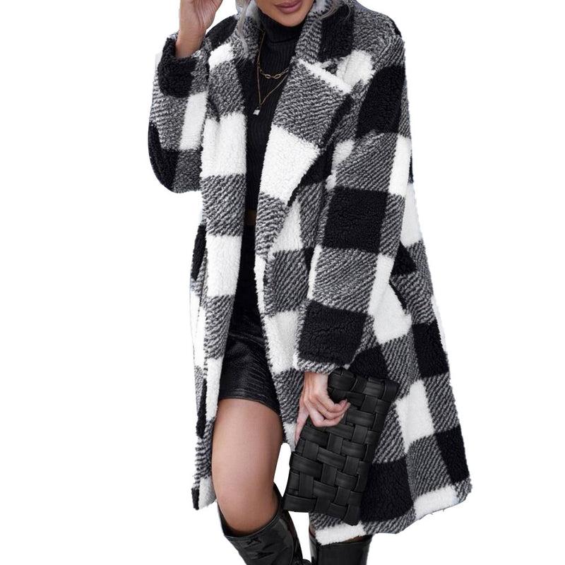 Women's Lapel Long Sleeve Non-buckle Plaid Long Coat