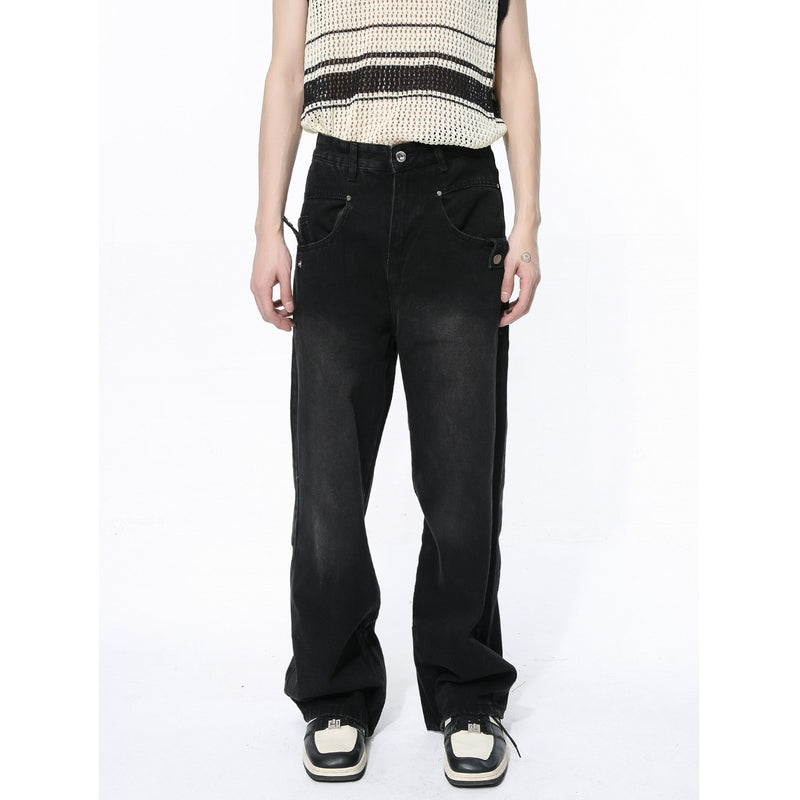 Straight Wide Leg Black Denim Fashionable Trousers - WOMONA.COM