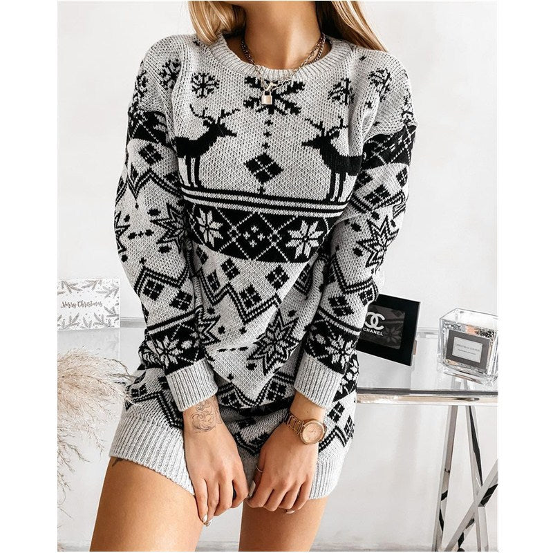 Christmas Jacquard Knitted Dress Long Knitted Sweaters - WOMONA.COM