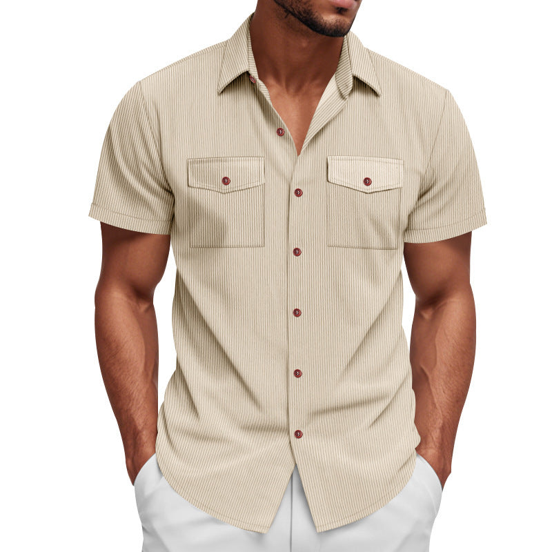 Apricot men's short-sleeve corduroy work shirt, button-front with two chest pockets