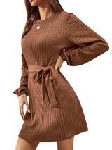 European And American Belt Long Sleeve Twist Knitted Dress Puff Sleeve - WOMONA.COM