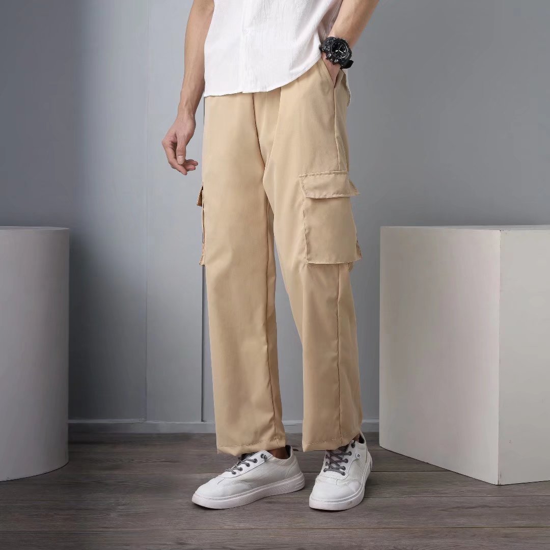 Men's khaki cargo pants with side flap cargo pockets and relaxed straight fit