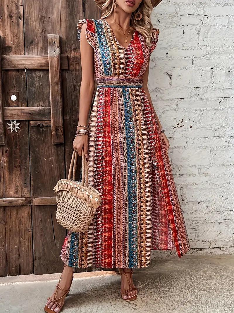 Boho printed maxi dress with V-neck and cap sleeves, red blue stripes, side slit hem