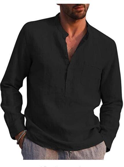 Men's black linen long-sleeve henley shirt with button placket and chest pocket