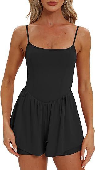 Black double-lined romper with spaghetti straps and gathered waist ruffle shorts