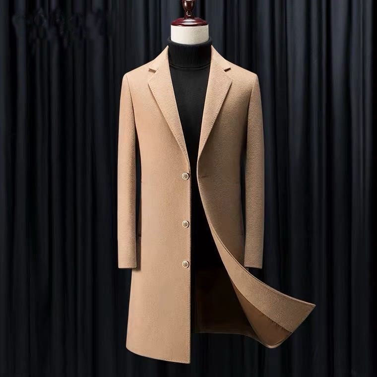 Men's slim-fit trench coat, beige with notched lapels and front button closure