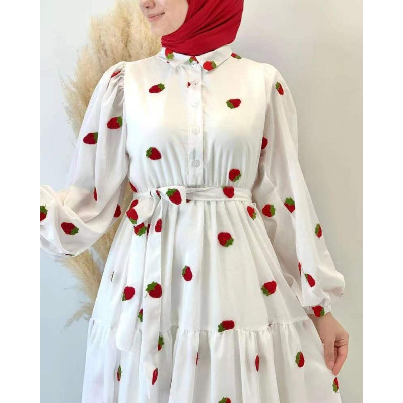 Fruit Printed Long Sleeve Waist-tight Middle East Dress - WOMONA.COM